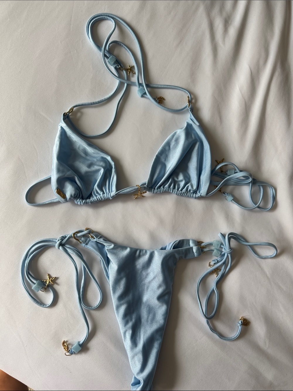 Light Blue Triangle Tie-Side Bikini with Gold Star Charms